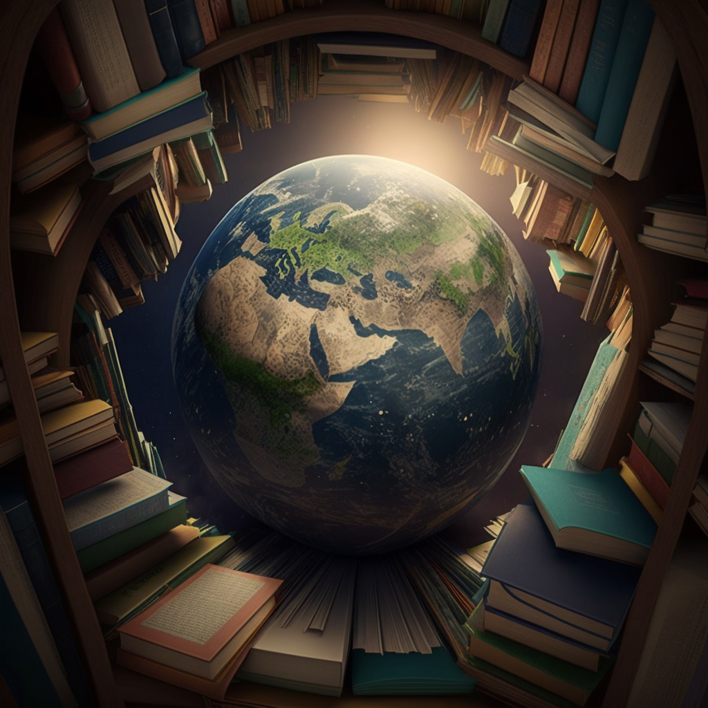 כדור הארץ מוקף ספרים - תוצר AI